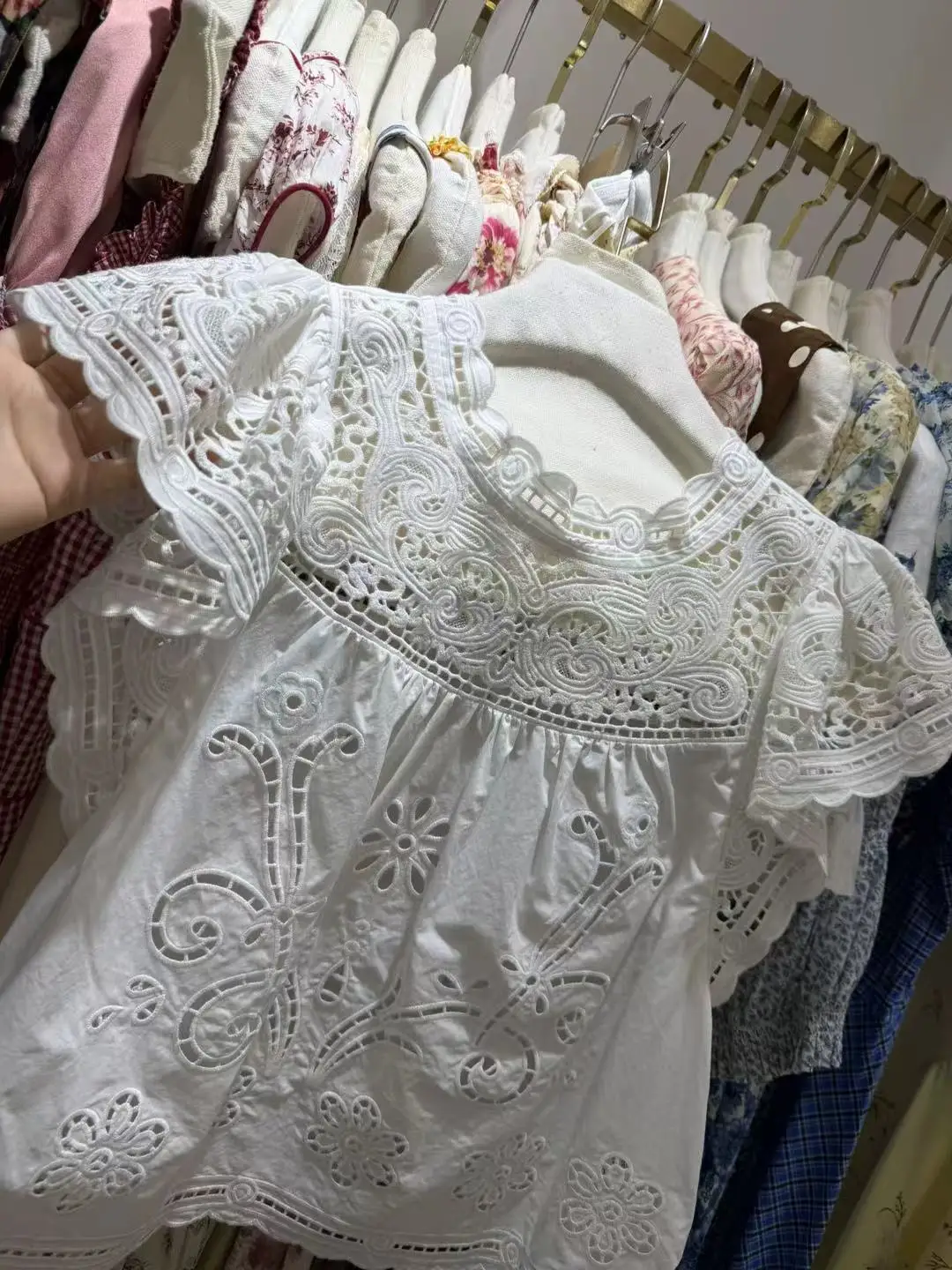 Hook Flower Hollow Women Cotton Shirt Summer 2026 Round Neck Flying Sleeve Casual White Blouse Tops - view 5