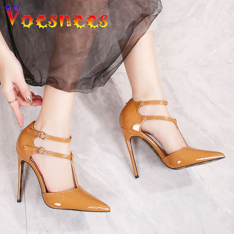 European And American New Pointed Head Women Pumps Fashion Buckle Strap Runway Shoes 12CM Hollow Out Shallow Mouth High Heels