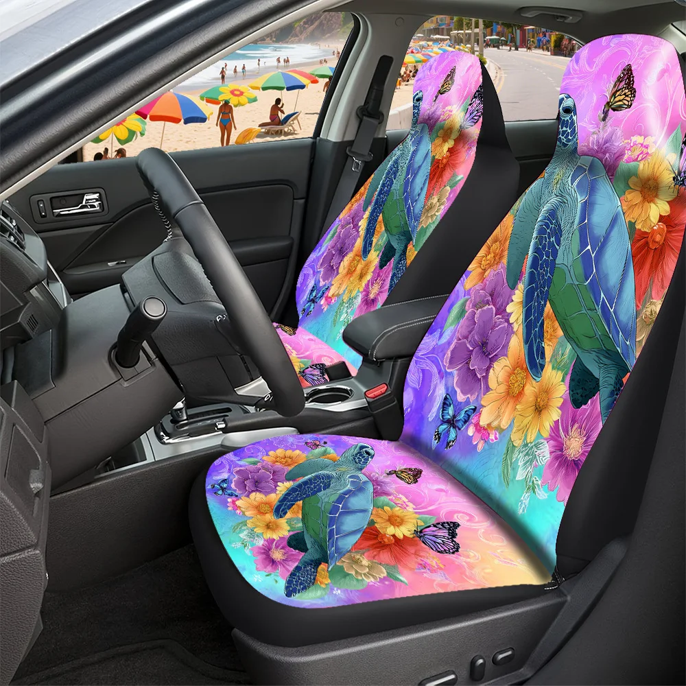2-5 Seat Set Car Seat Covers, Artistic Turtle Flower Print Universal Polyester For Truck SUV Off-Road Car Festive Halloween Chri