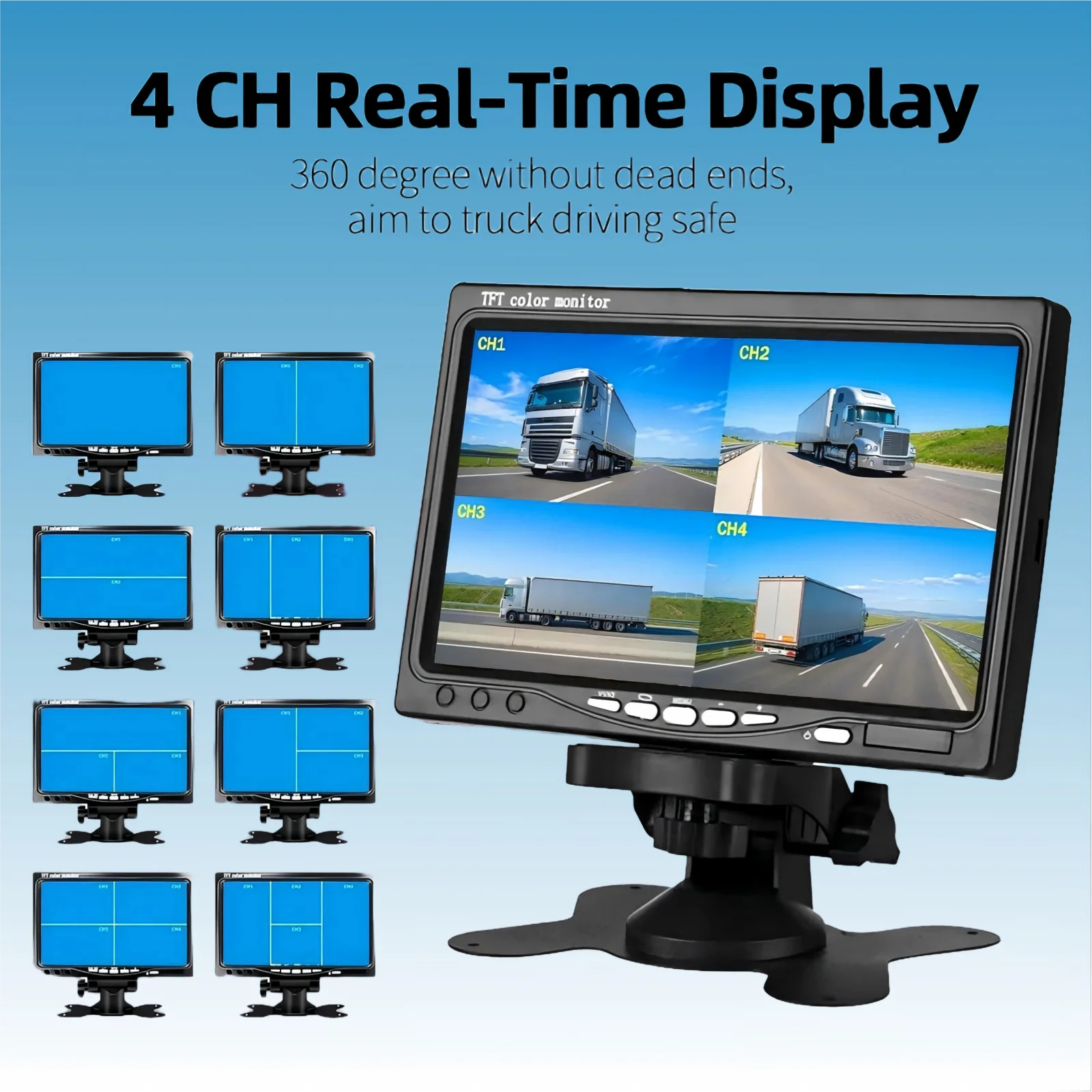 iPoster 7 Inch Quad Monitor Car Rear View System 4Pin Rear Side View Cameras Night Vision Waterproof 4x 10m 12-24v For Truck Bus Camper Motorhome Tractor Boat Horse Float