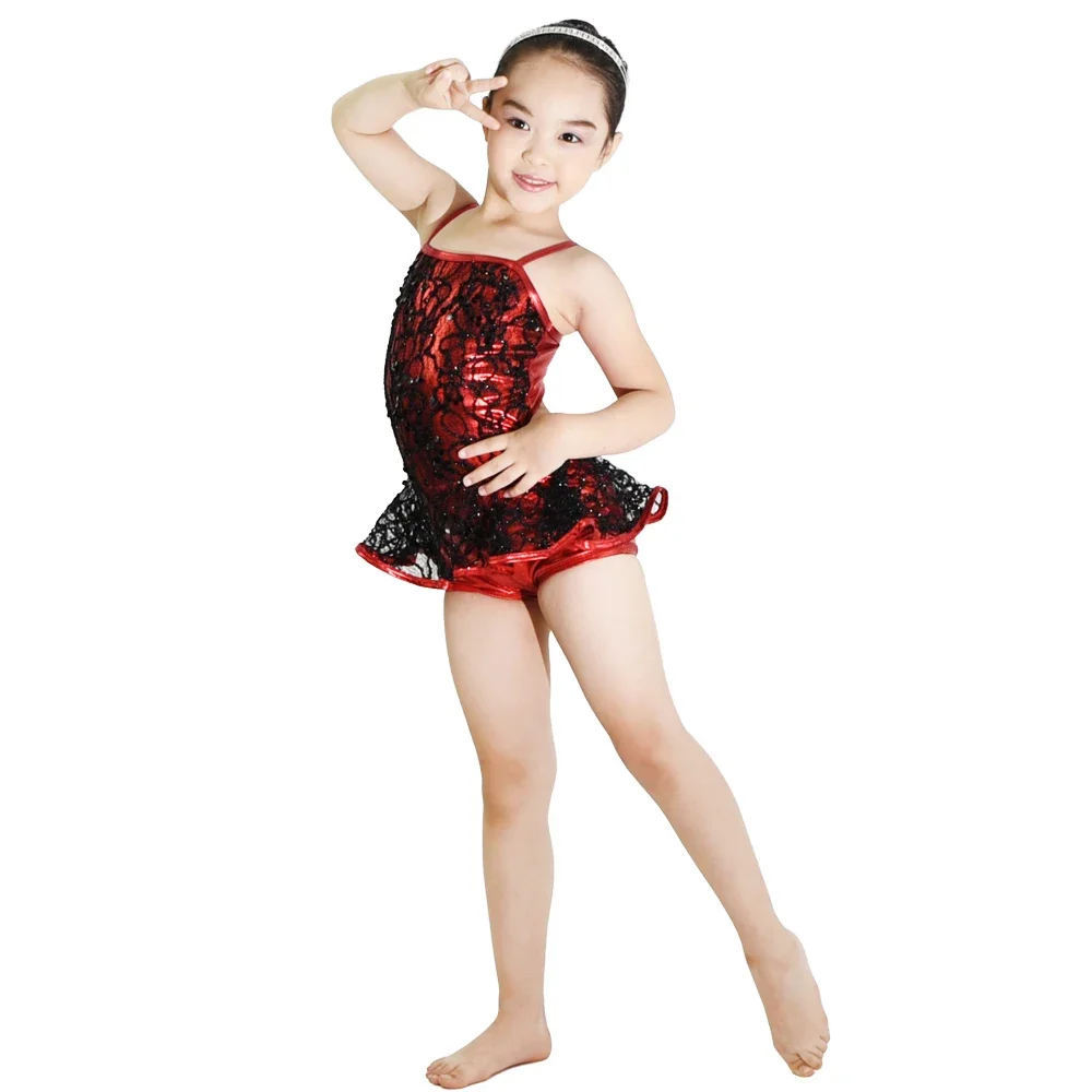 Jazz Costume di Ballo Biketard con Pizzo-Paillettes Sopra Matellic Shorts Attaccato Jazz Dance Outfit Usura di Prestazione di Ballo per le Ragazze