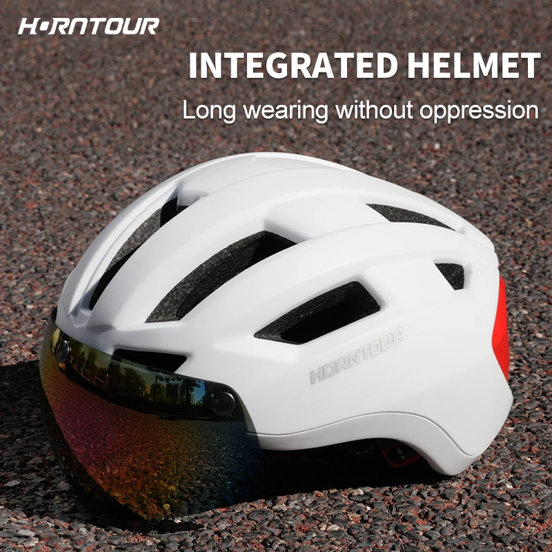 

Horntour 2024 New Road Mountain Bike Helmet Adult Men's Outdoor Sports Cycling Safety Hat With LED Charging Taillight Goggle