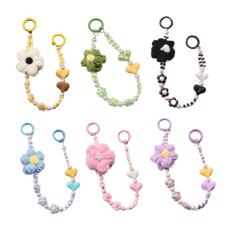 Phone Charm with Beaded Detachable Phone Lanyard Wrist Strap Crochet Knit Flower Phone Strap Grip Bag Pendant Charm