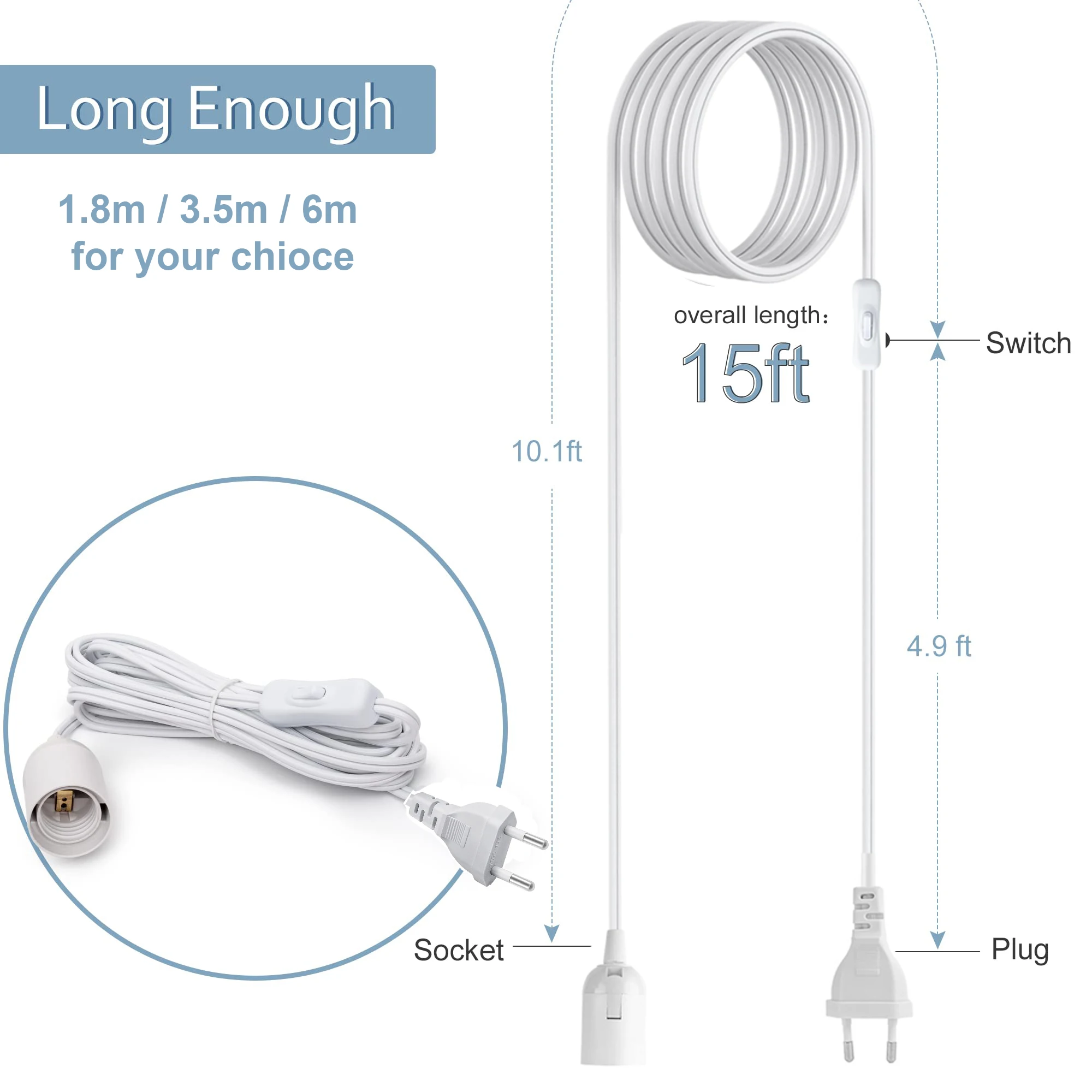 6M EU Plug Power Cord Cables E26 E27 Lamp Base Holder With Switch Wire For Pendant Led Bulbs Fixture Suspension Socket