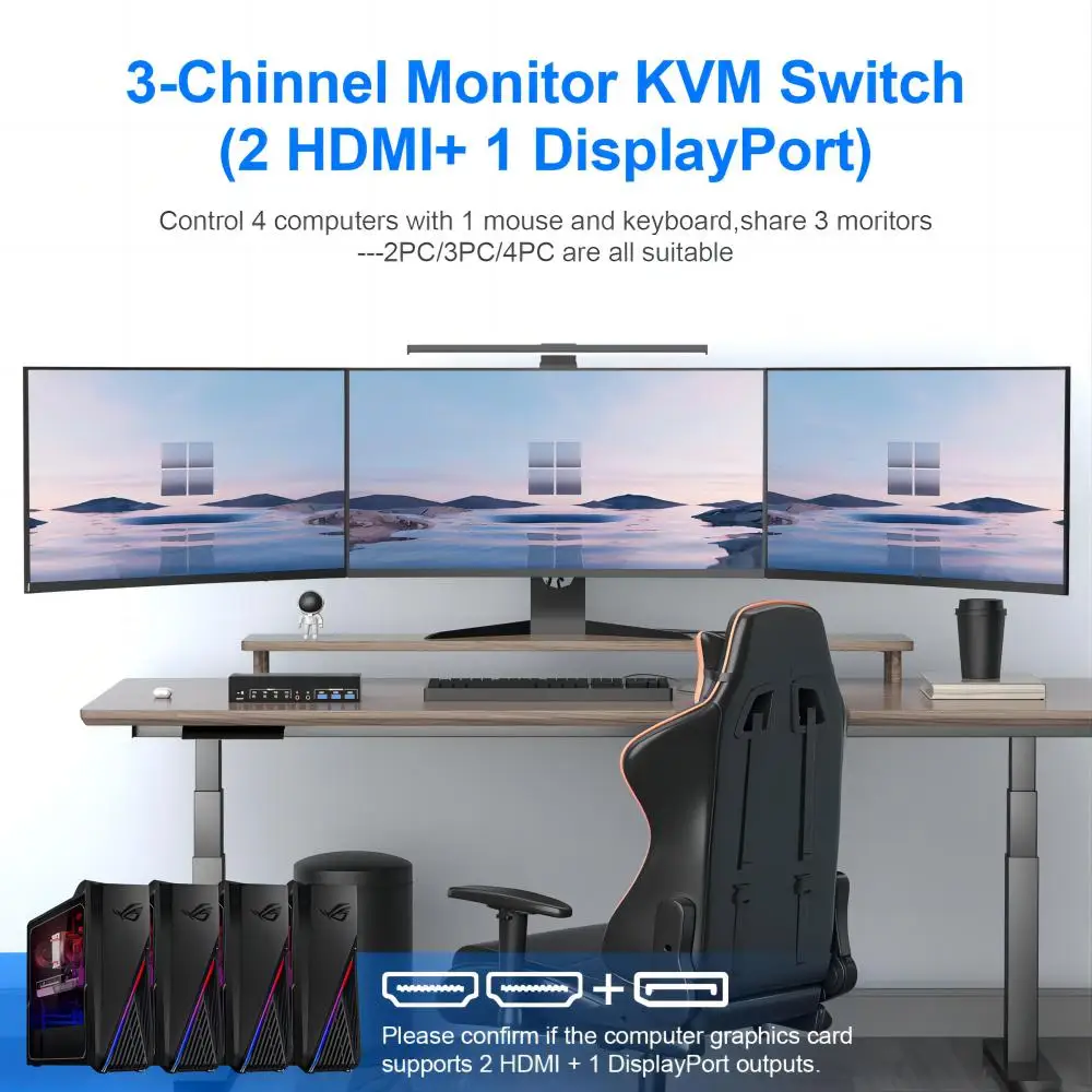 KVM Switch 3 Monitors 4 Computers 8K@60Hz, 2 HDMI+1 Displayport KVM Switch Triple Monitor for 4 PC Share 3 Monitor 3 USB3.0 Port