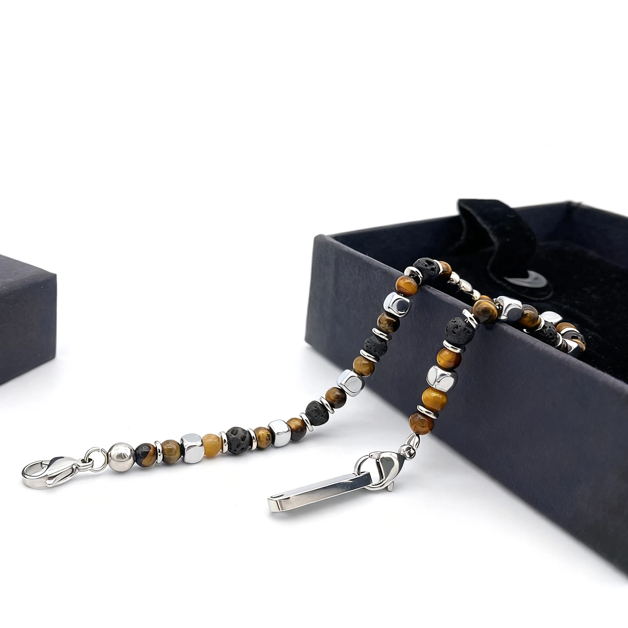 Men\'s Runda Natural Stone Bracelet Tiger Eye 4mm Charm Bead Stainless Steel Adjustable Handmade Good Luck