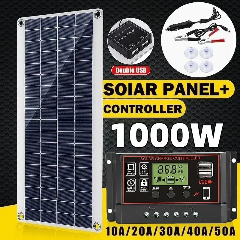12V Solar Cell 1000W Solar Panel 10A-100A Controller Solar Plate Kit For Phone RV Car Caravan Home Camping Outdoor Battery