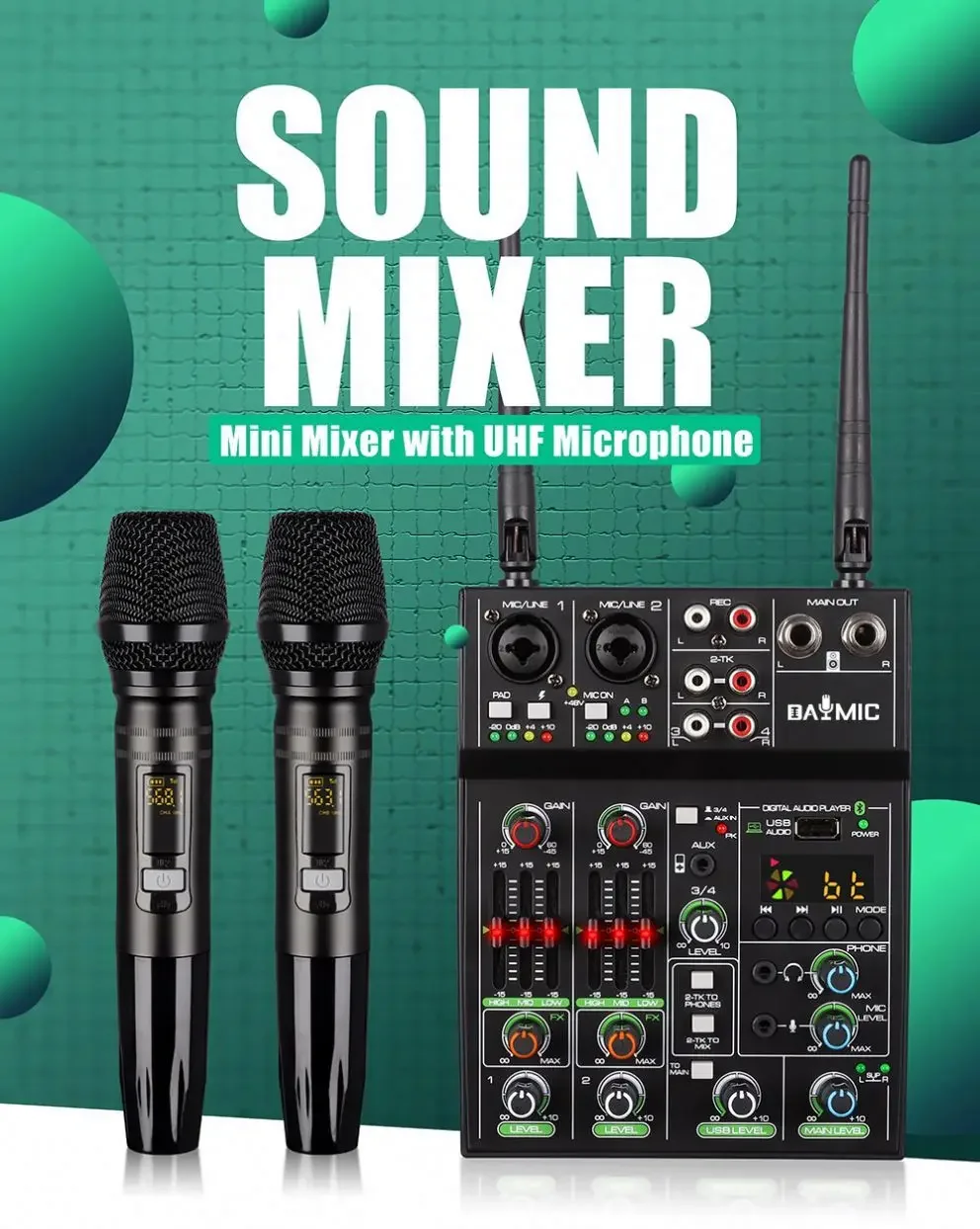 Hot Sale Wholesale 4 Channels Sound Mixer With Wireless Microphone Set Mixer Small 4 Channel Karaoke Soundcard Home Livestream
