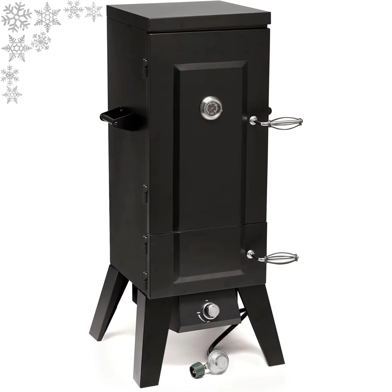 

Vertical Propane Smoker: 4 Removable Racks, Wood/Water Trays, 15,000 BTU for Professional Meat Smoking