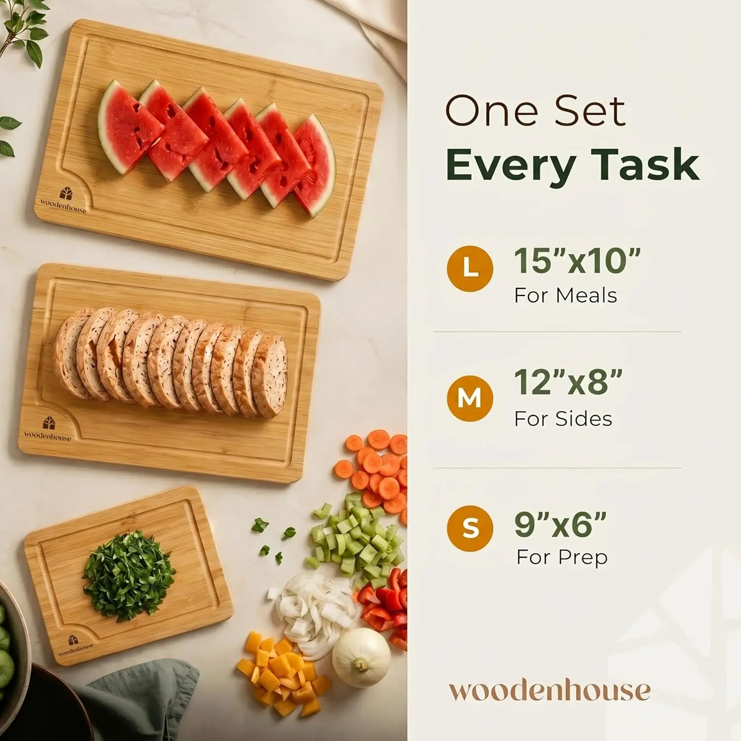 Set of 3 Bamboo Cutting Boards for Kitchen with Deep Juice Grooves and Built-in Handles, Large Surface for Meat, Vegetables and