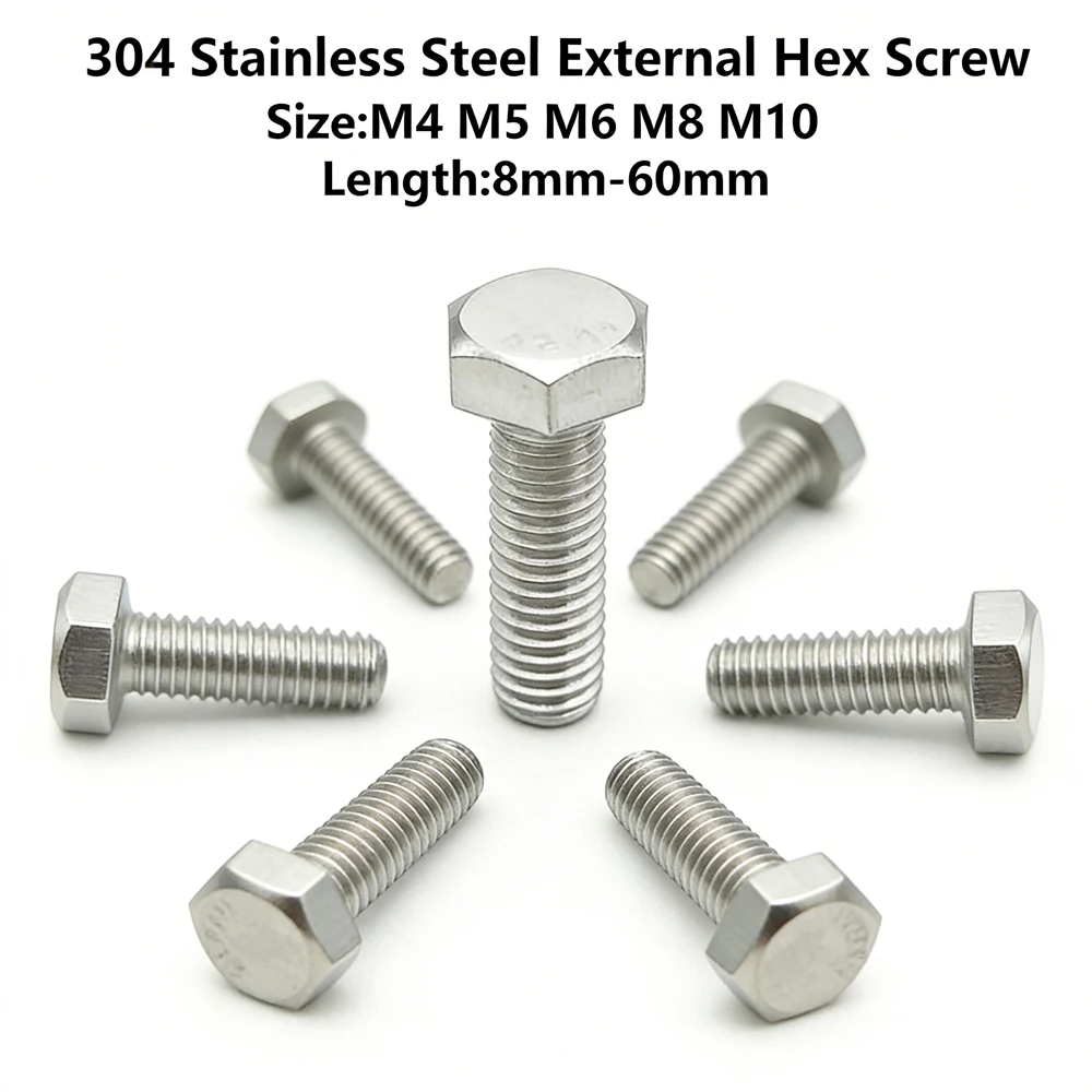 

1-25pcs M4 M5 M6 M8 M10 M12 A2-70 304 Stainlesss Steel External Hex Screw Outer Hexagon Head Bolt Lengthen 8-60mm