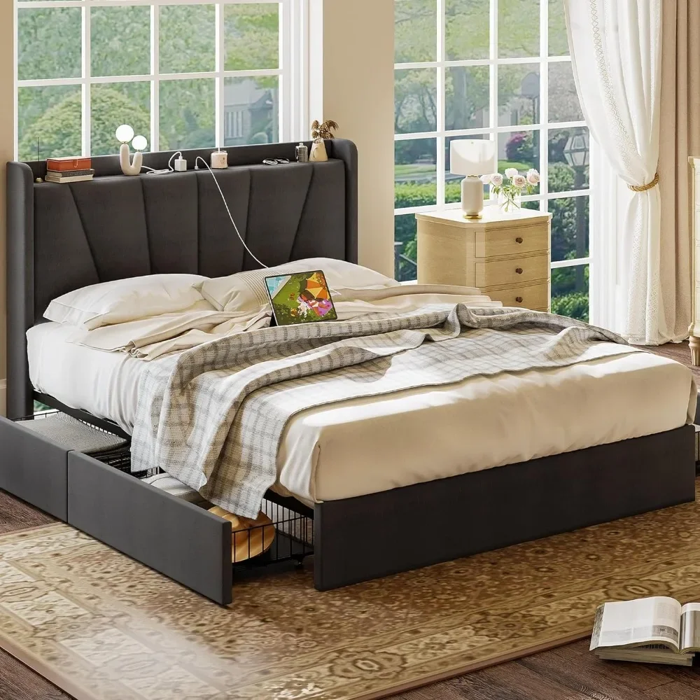 

Bed Frame with Upholstered Headboard, Platform Bed with Storage Drawers and Outlets, Sturdy, Noiseless, Queen Bed Frame