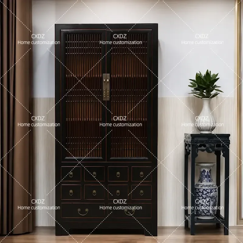 New Chinese-style hotel clubhouse overall retro solid wood wardrobe large wardrobe home bedroom black storage high cabinet
