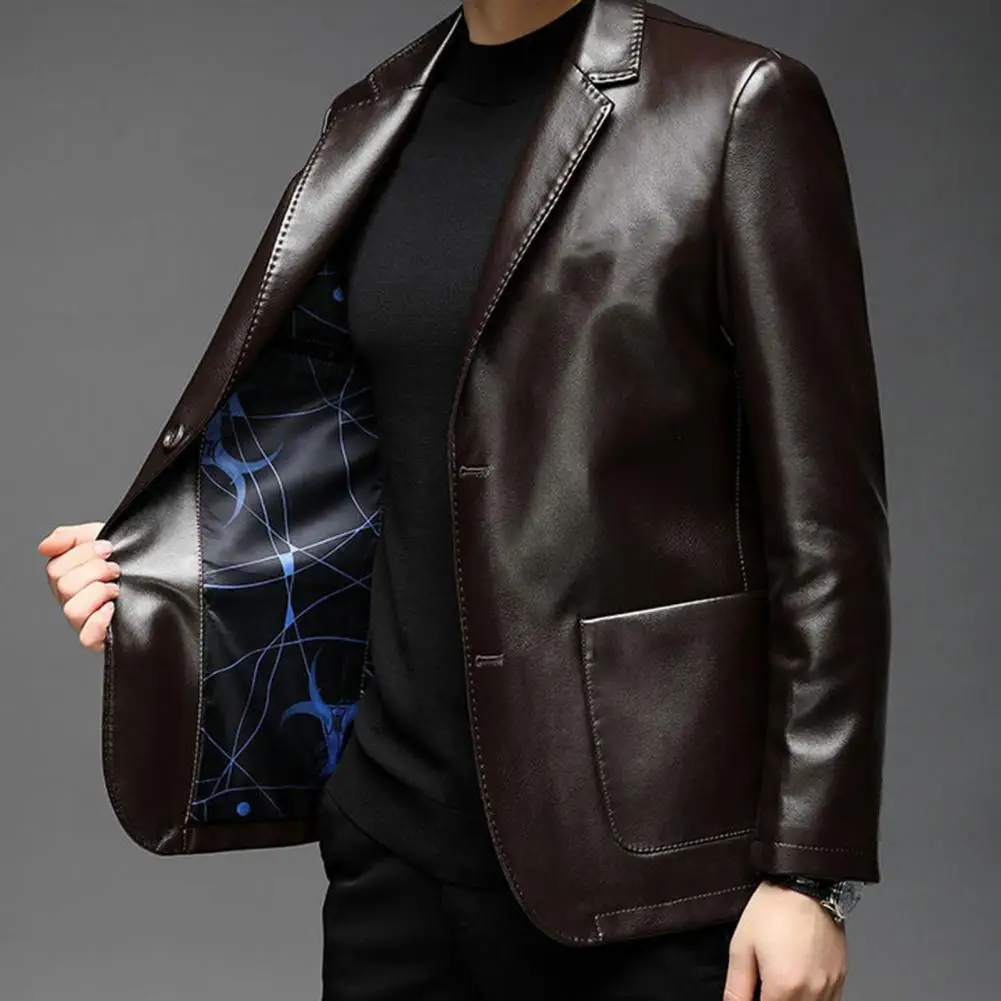 Men Jacket with Pocket Stylish Button Cuffs Lapel Collar Spring Autumn Fake Leather Men Coat for Outdoor Business