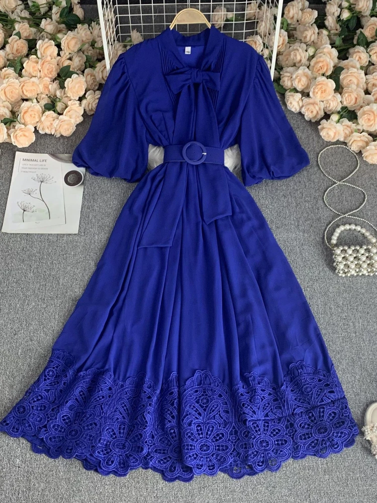 

Women Elegant Fashion Chiffon Lace Patchwork Long Dress Spring Summer New Bow Bubble Sleeves A-line High Waist Slim Pleat Dress