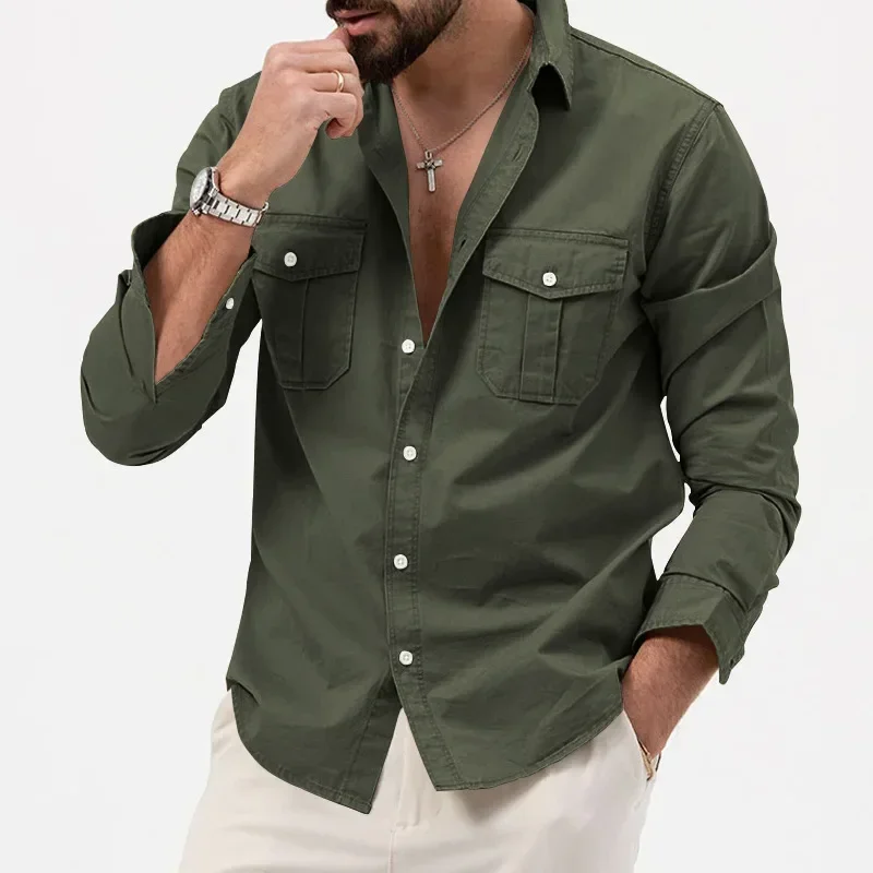 Army Green Tactical Cargo Shirts For Men Chest Two Pockets Long Sleeve Mens T-Shirt 2024 Trend Casual Loose Shirt Chemise Hombre