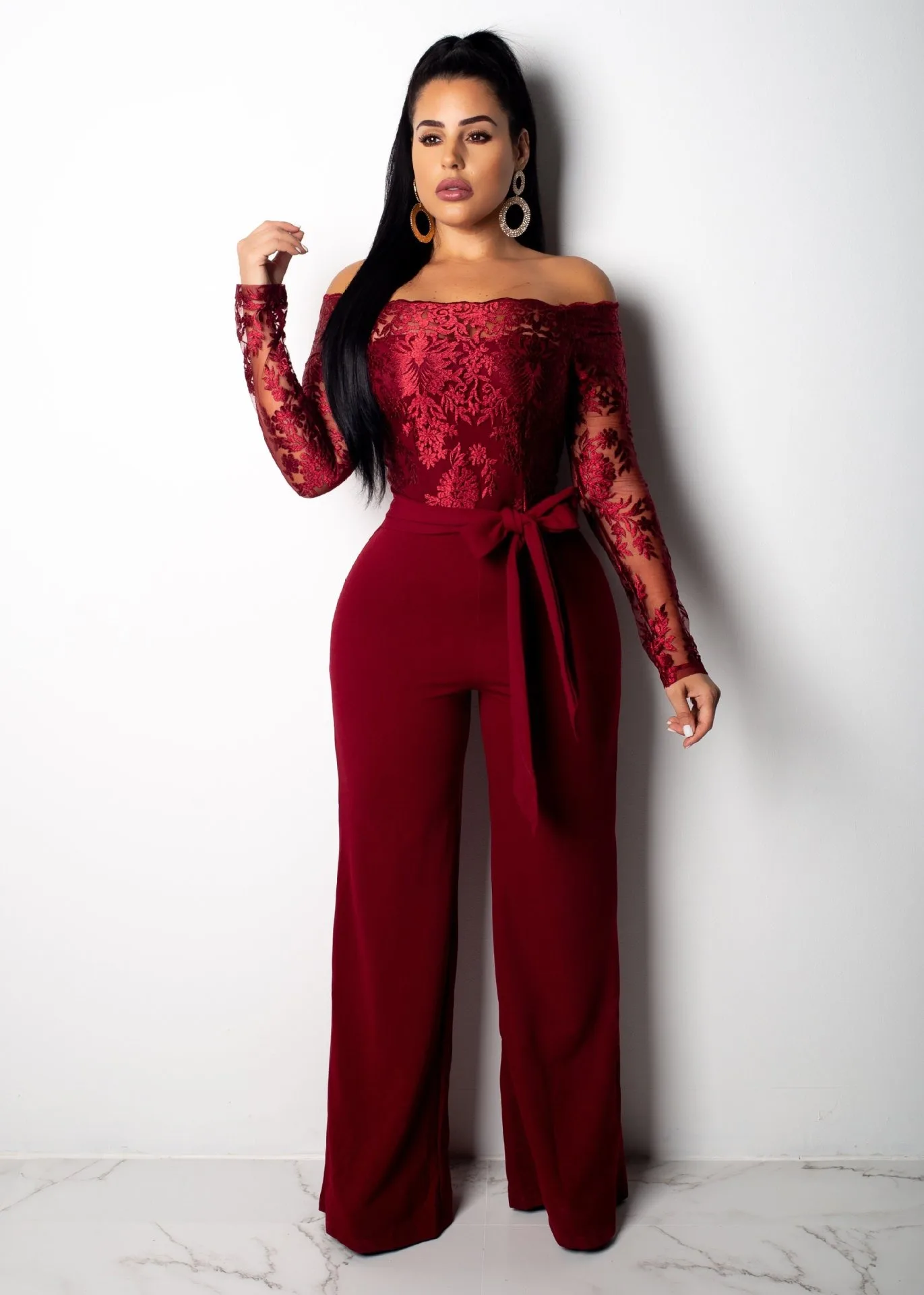 

Sexy Nightclub Party Prom Club Banquet Solid Color Casual Women's Water-soluble Lace One Neck Wide Leg Jumpsuit