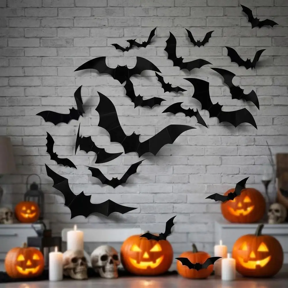 3D Bat Wall Stickers Halloween Decor Black PVC Bat Wall Decals Multi Size Removable Scary 3D Flying Bats Set for Halloween