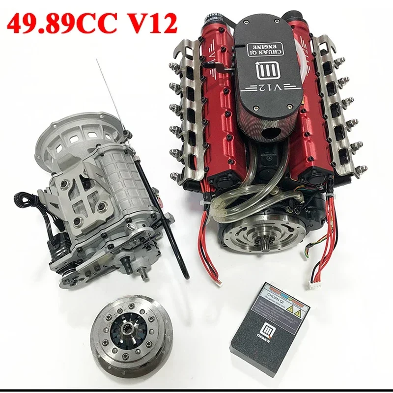 V12 Four Stroke Gasoline Engine 49.89CC with Gearbox Metal Internal Combustion Engine Suitable for Modified RC Car Adult Toys