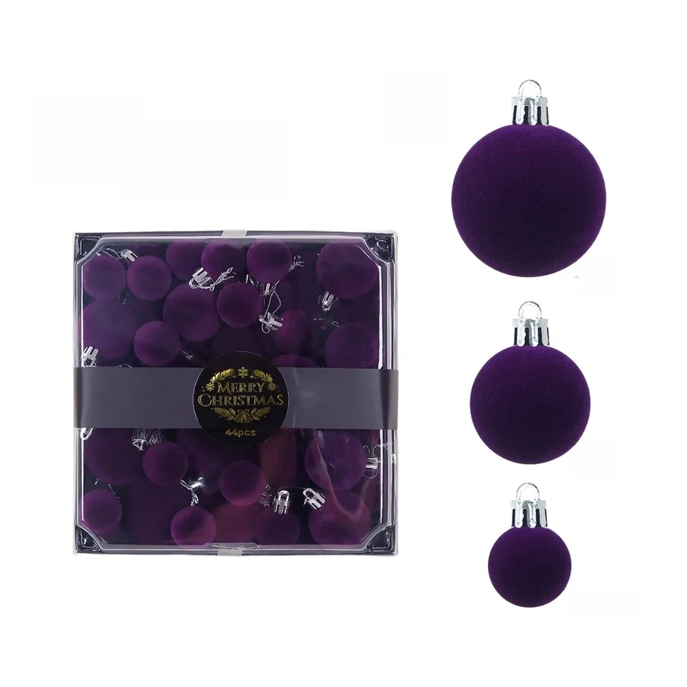 44Pcs Flocked Christmas Ball Ornaments Set Shatterproof Holiday Decor For Tree Wedding Party Green Red White Purple Matte Finish