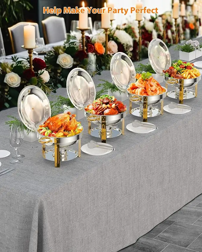 2-6pcs  Round Stainless Steel Chafing Dishes Set with Lid Holder & Cover - Gold Buffet Warmers for Parties  Christmas Weddings