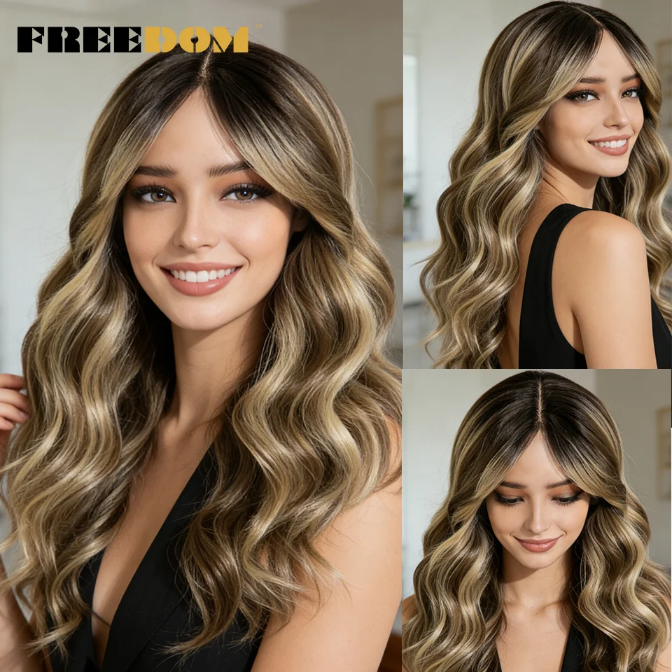 

FREEDOM Wig With Bangs Synthetic Lace Front Wigs For Women 18 Inch Ombre Brown Blonde Body Wave Highlight Cosplay Lace Wig