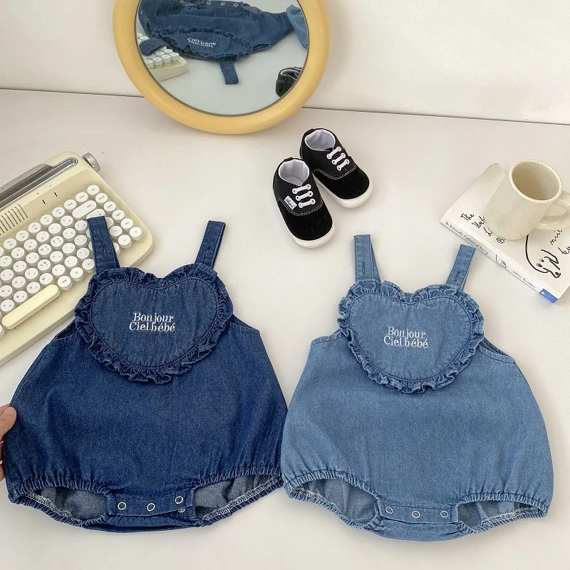 

INS Summer Baby Girl Denim Romper Sleeveless Strap Letter Embroidered Loose Bodysuit Soft Jeans Outfits Newborn Boy Clothes