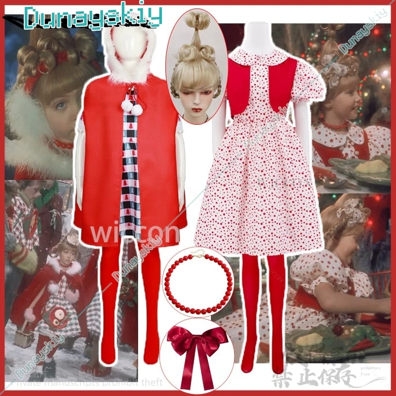 New Anime Christmas Cosplay Cindy Lou Costume Red Cloak Cute Dress Lolita Wig Necklace Headwear For Women Girls Kids Customized