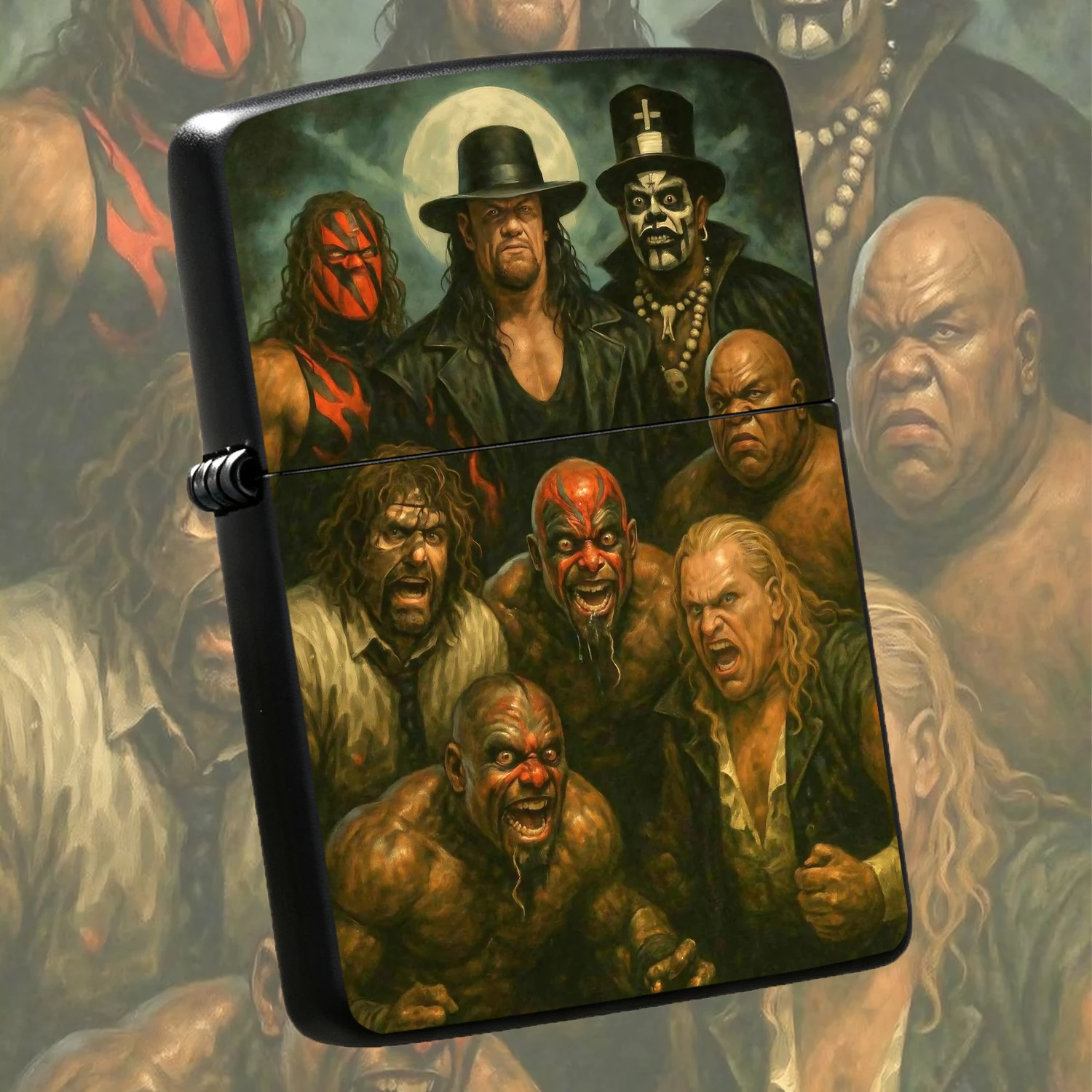 Retro Oil Painting Style Dark Legend Wrestler Group Portrait Under Full Moon Creative Decor Piece, Atmospheric Unique Collectible, Multi-Scenario Practical Stylish Carry Item, Fun Niche Premium Gift For Wrestling Fans Interesting And Humoro