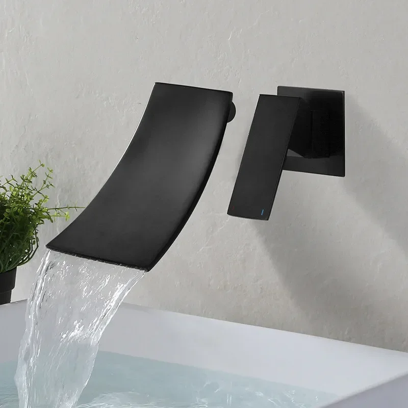 Black Bathroom Basin Faucet Wall Mounted Chrome Sink Tap Waterfall Spout Brass Single Handle Basin Mixer