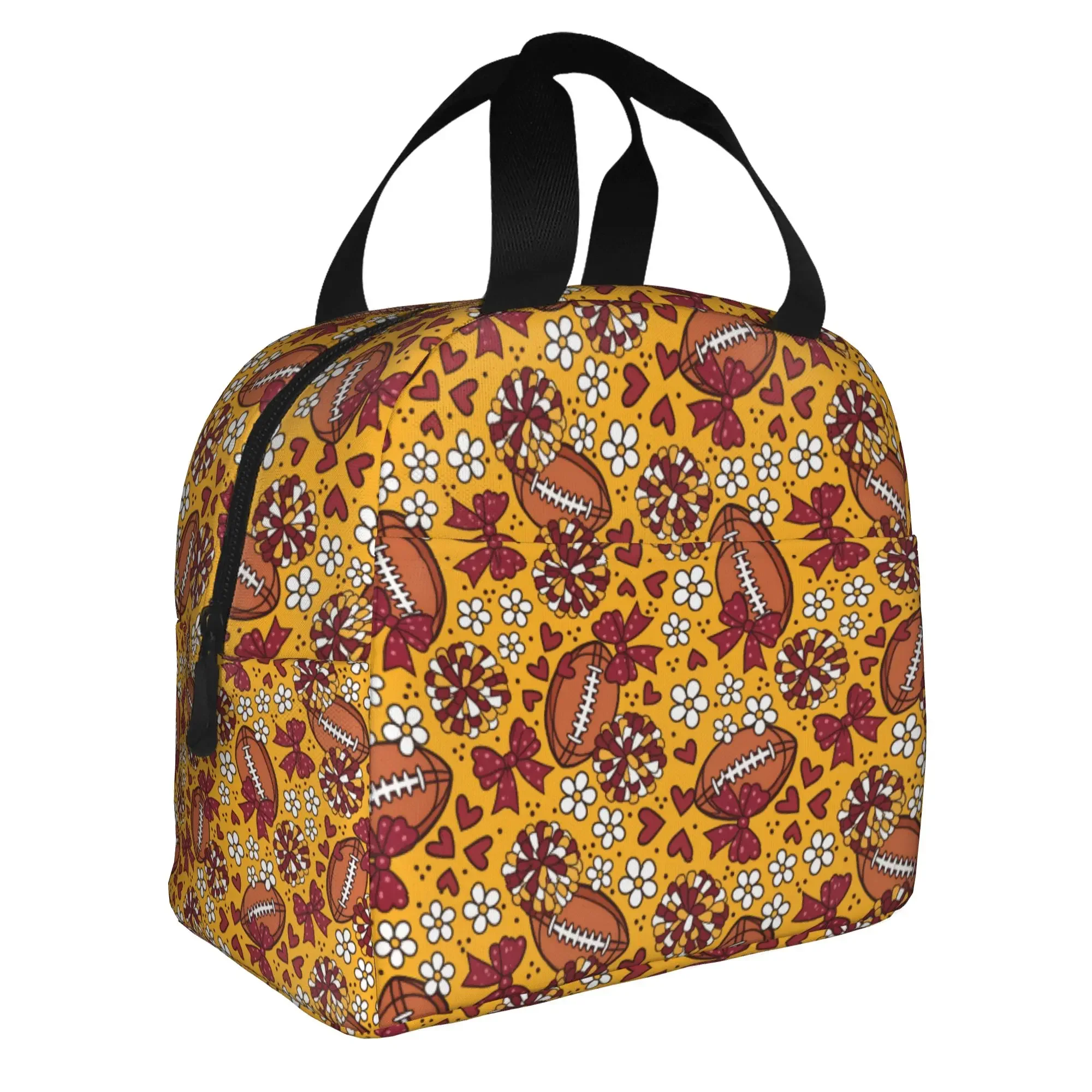 Cheer Bows Football Rugby Union  Insulated Lunch Bags for Women Yellow Red Portable Thermal Cooler Food Lunch Box School