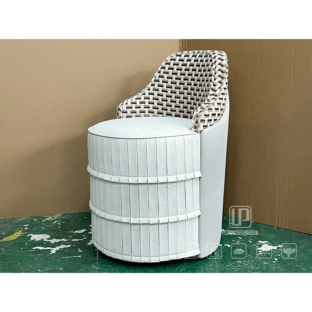 Custom Factory Wholesale Price Hand Woven Two-Tone Backrest Vertical Stitched Leather Cylindrical Single Vanity Accent Ottoman S