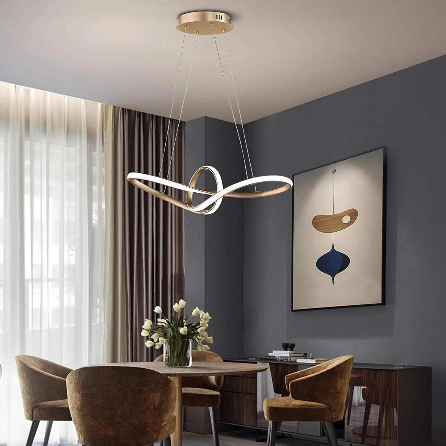 Modern LED Double Ring Pendant Light with Remote Control for Living Room Warm White Light