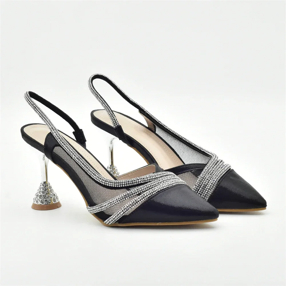 High Heel Shiny Shoes and Bag Set with Big Rhinestones for Nigerian Women Wedding Party Africa Shoe and Bags Set Ladies Shoes