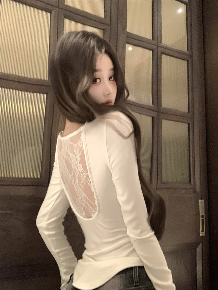 Lace Splice U-Ne Long Sve T-irt Women's Winter Slim Fit Pure Desire Sexy Elastic Thin Base Top Korean Sle Commute