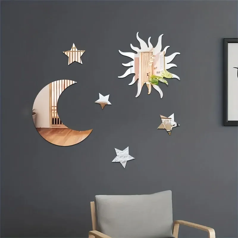 6pcs Star Moon Sun Shaped Mirror Wall Sticker, Removable DIY Art Acrylic Wall Decal, Creative Self-adhesive Mirror Sticker For