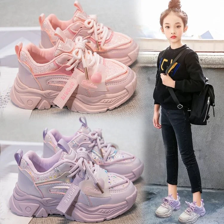 

2025 Children Sneakers Breathable Lace-up Chunky Solid Color Boys Girls Casual Shoes Outdoor Running Leisure Kids Sport Shoes