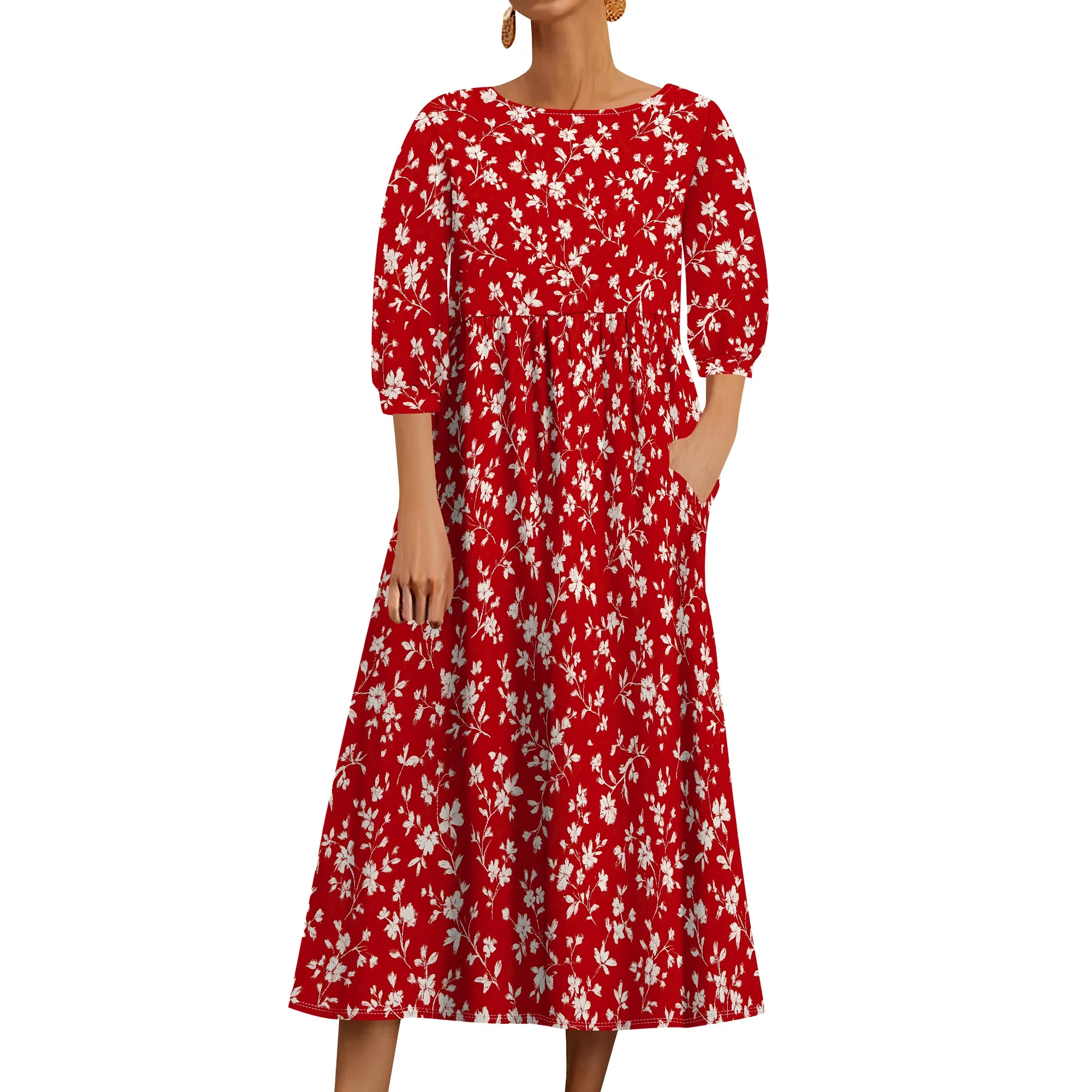 ชุดเดรสลําลองสตรีสําหรับฤดูร้อนแขนสั้น Flare Midi Dress หลวม Flowy Beach Sundress