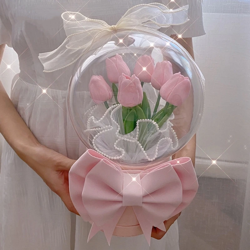 Acrylic Bobo Ball with Artificial Flowers Tulips Bouquet Box for Valentine's Day Girlfriend Birthday Gift Flower Bouquet DIY Kit