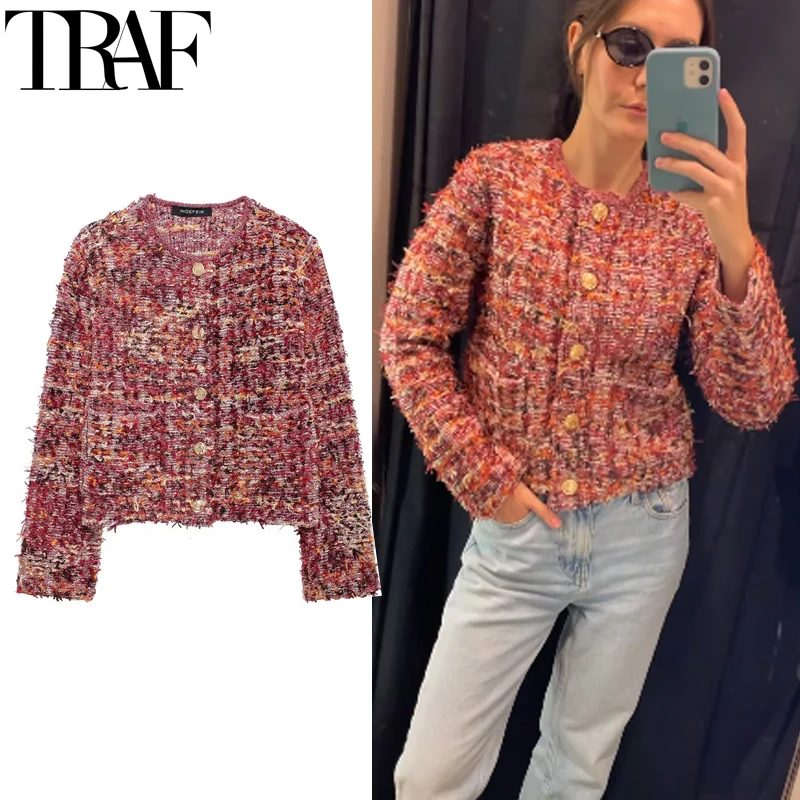 TRAF Autumn Knitting Cropped Jacket Women Texture Long Sleeve Coats Winter Button Elegant Women\'s Jackets Casual Outerwears