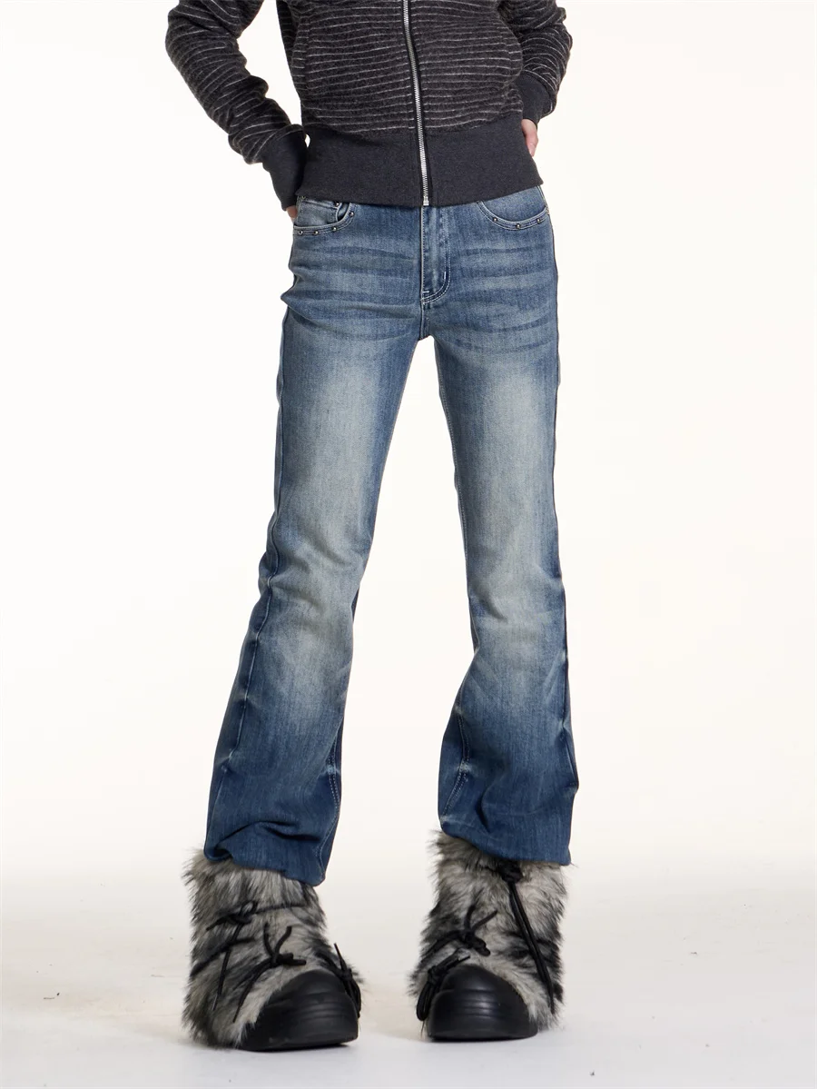 

Ретро-джинсы американского стиля для женщин: расклешенные, повседневные, облегающие, весенние, новые, винтажный вид, с эффектом потертости