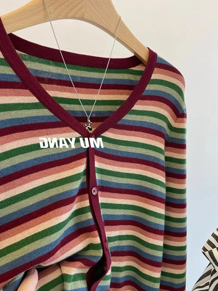 Korean Sle V-Ne Stripe Design Knitted Open Cardigan Slimming Long Sve Casual Age-Defng Women's Faion Top