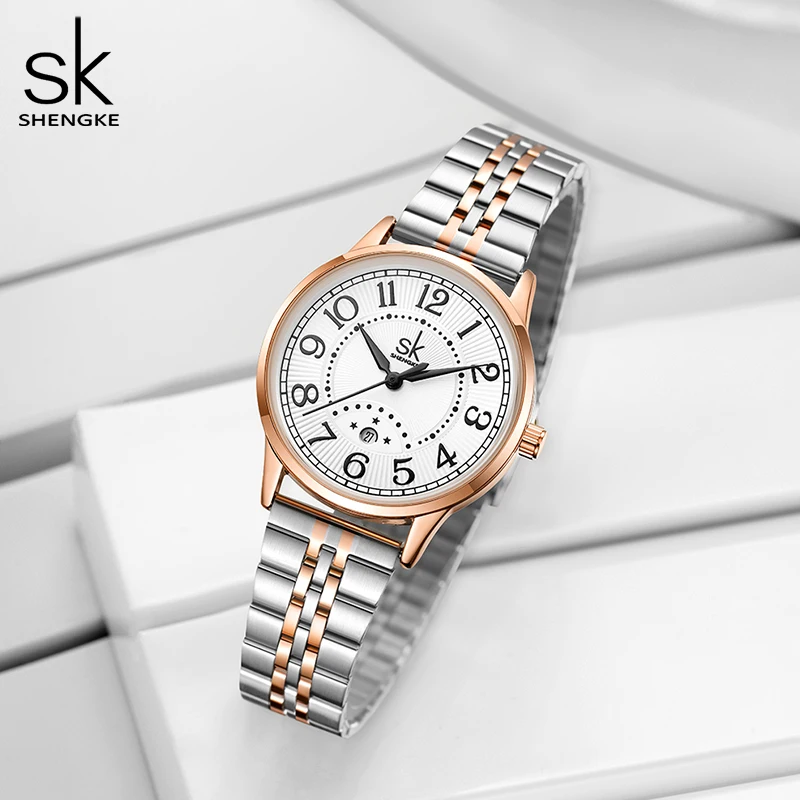 Shengke-relógio pulseira para mulheres, marca de moda, pulseira, vestido, impermeável, data, relógio, presente