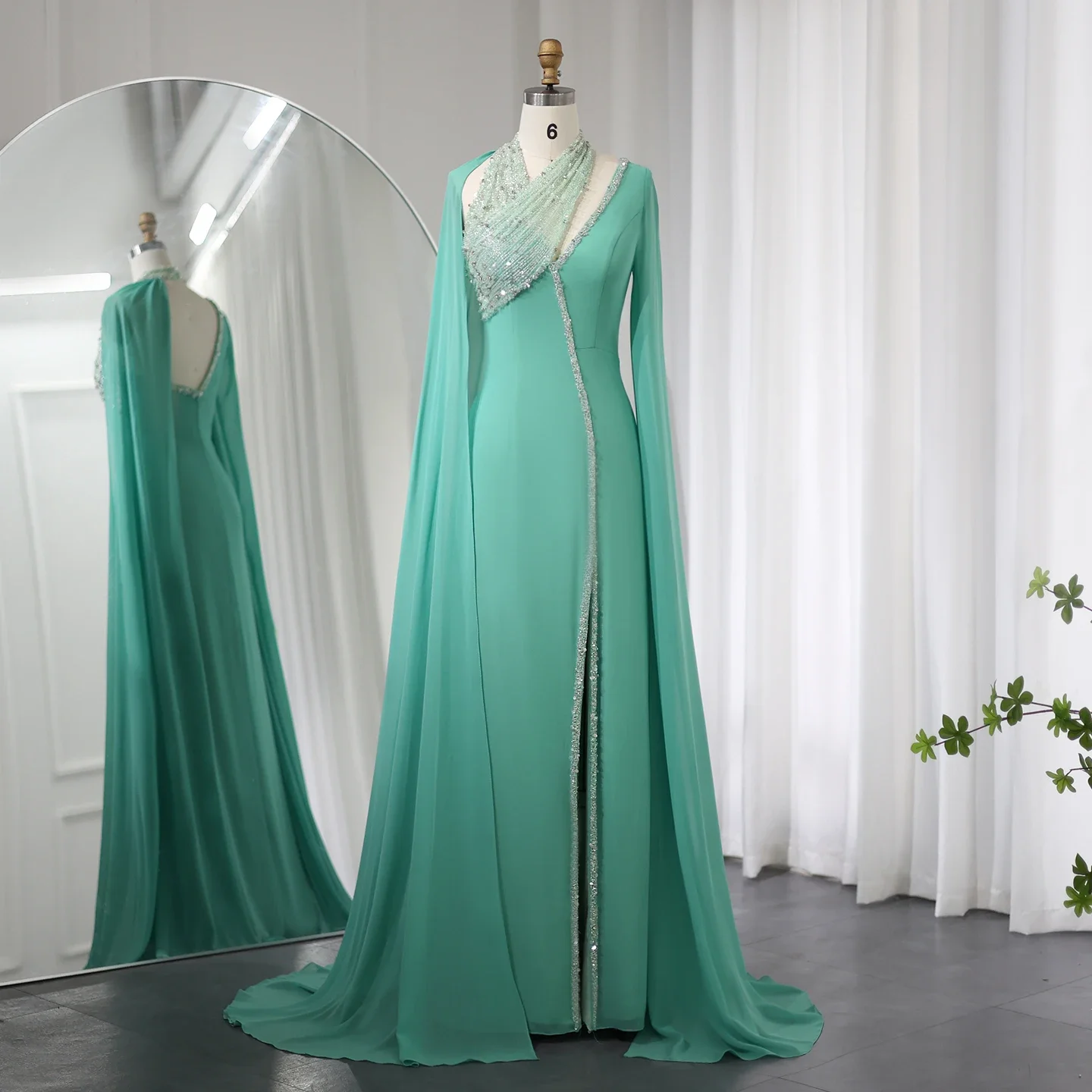 

Beaded Turquoise Green Chiffon Evening Dress with Cape Sleeves Arabic Women Wedding Party Dresses