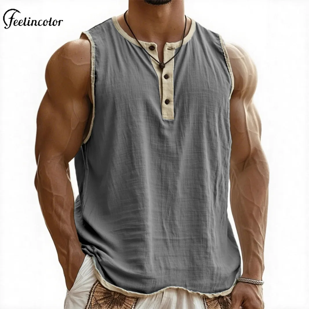 

Мужская майка без рукавов с вырезом на пуговицах, повседневная винтажная рубашка на пуговицах, футболка для тренажерного зала и фитнеса с мышцами, однотонная летняя спортивная одежда на открытом воздухе