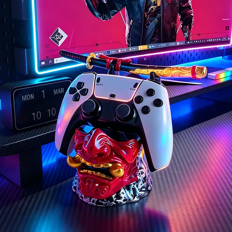 Cool Red Oni Mask Resin Game Controller Holder Samurai Sword Stand for PS5 Xbox Gaming Room Bedroom Desktop Tabletop Decoration view 2