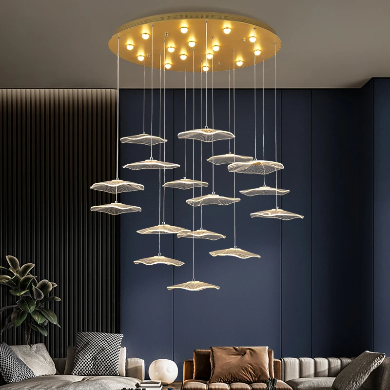 Nordic Lotus Leaf Restaurant LED Pendant Lamps Moden Chandelier for Staircase LOFT Duplex Villa Living Room Light Lustre Fixture