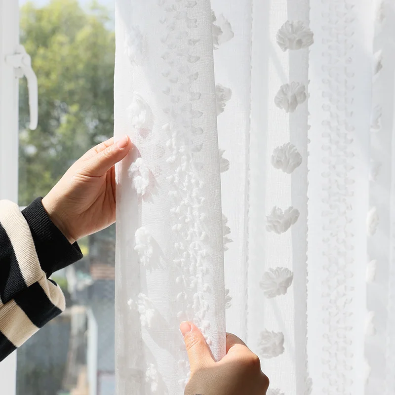 Light and Luxurious White Sheer Curtains with Three-dimensional Fluffy Balls, Suitable for Any Window Covering.