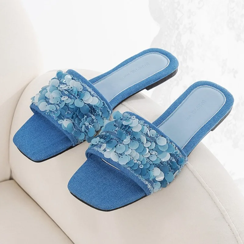 

Luxury Sequins Decorated Pretty Slippers for Women High Quality Blue Denim Home Slippers Light Non-slip Comfortable Women Shoes