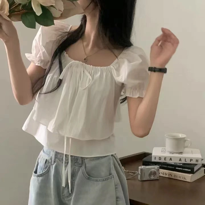 

Korean Sle Women's Chiffon irt Summer Tie Double Layer Bubble Sve Square Collar Sweet ort Sve Small irt